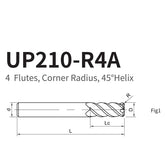 G-UP210-R4A 4 Flute Corner Radius Coated Endmills (45°Helix Angle) - Big-tools Industrial Supply Tools for Metal Cutting